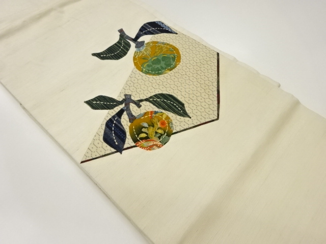 手織り紬パッチワーク刺し子蜜柑に幾何学模様名古屋帯